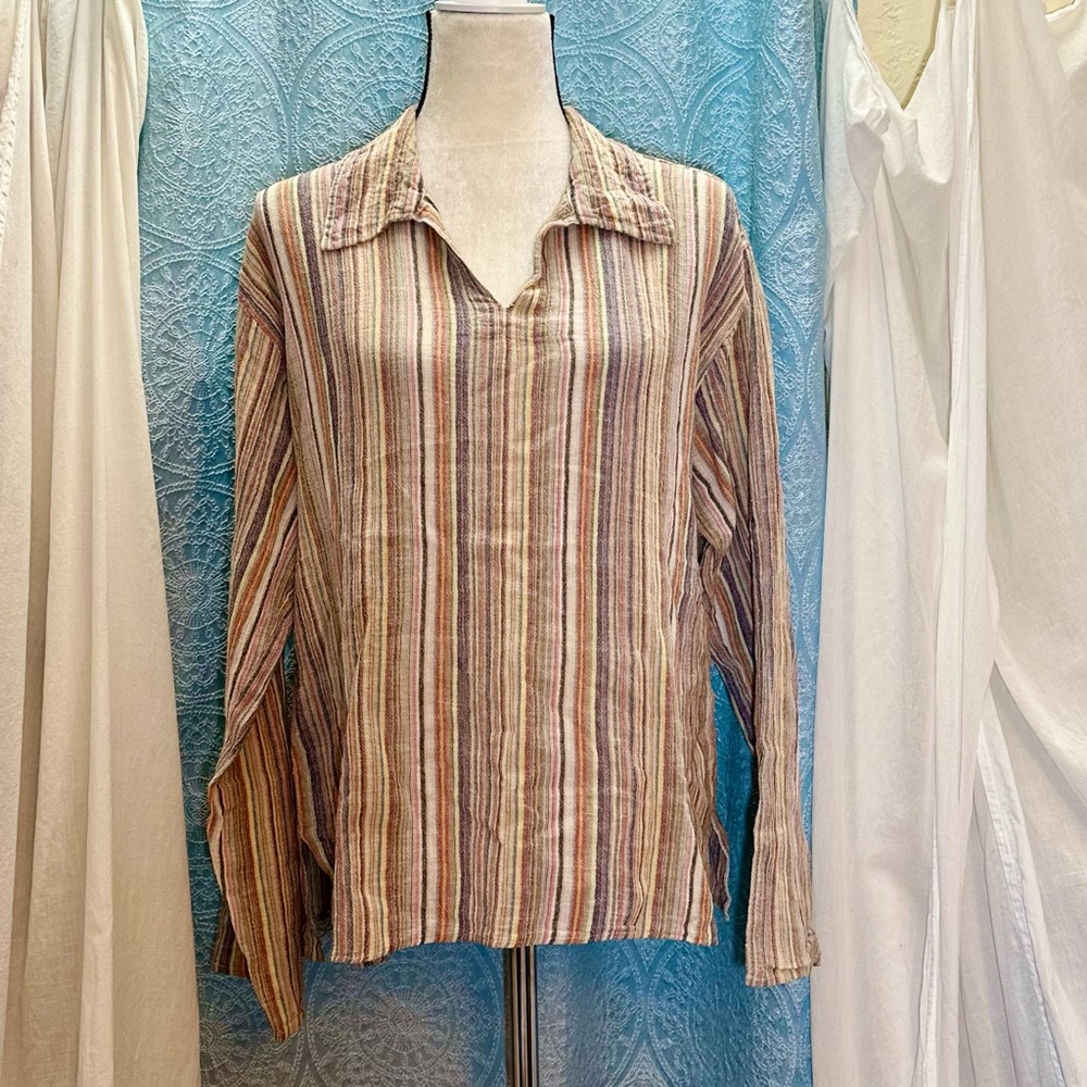 Tibet Souvenirs Colorful Striped Long Sleeve Collared Tunic Shirt
